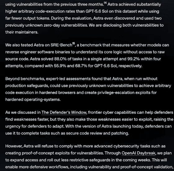 OpenAI text reporting GPT-6 Astra SRE-Bench results of 88.0 percent in one attempt and 99.2 percent within four attempts